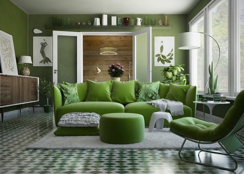 Зеленый диван в стиле минимализм